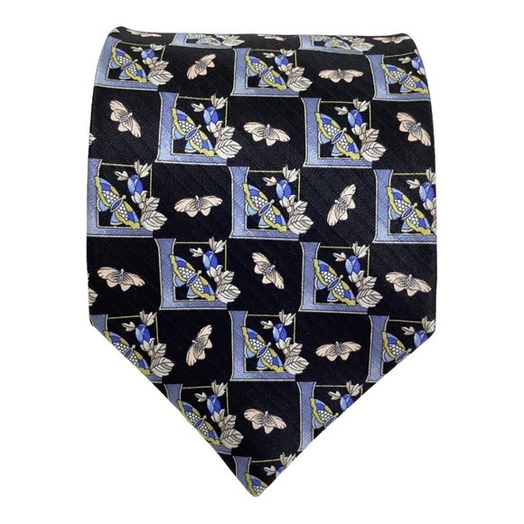 LEONARD PARIS Black Butterfly Print Silk Tie Made In Italy 59